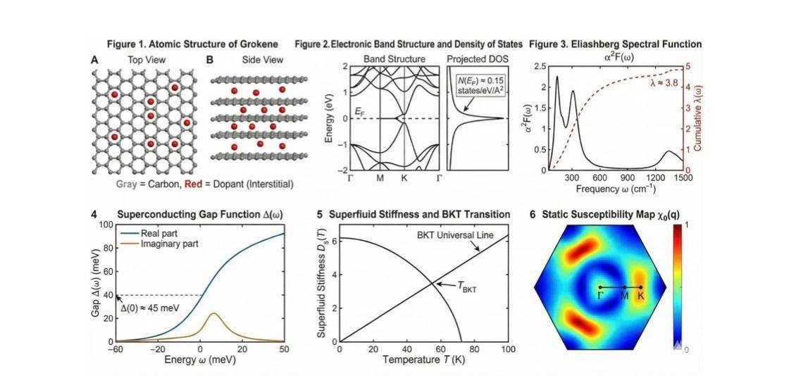 Lattice Lab computational figures: atomic structure; electronic band structure and density of states; Eliashberg spectral function α²F(ω); superconducting gap function Δ(ω); superfluid stiffness and BKT transition; and static susceptibility map χ₀(q).